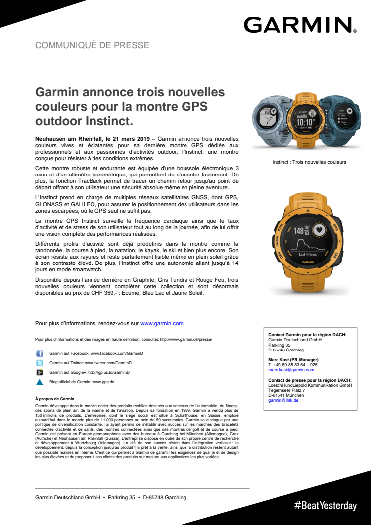 Garmin annonce trois nouvelles couleurs pour la montre GPS outdoor Instinct. 