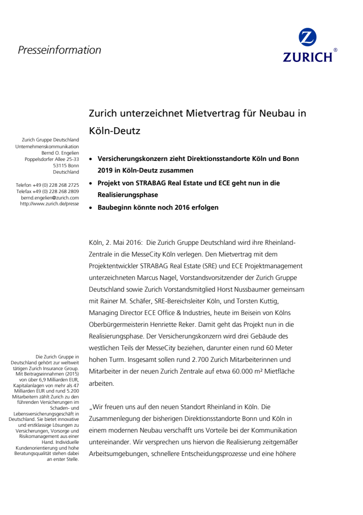 Zurich unterzeichnet Mietvertrag für Neubau in Köln-Deutz