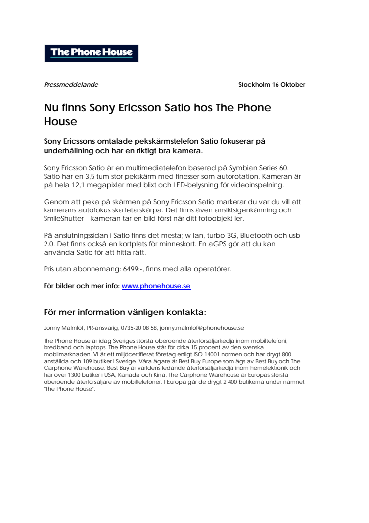 Nu finns Sony Ericsson Satio hos The Phone House