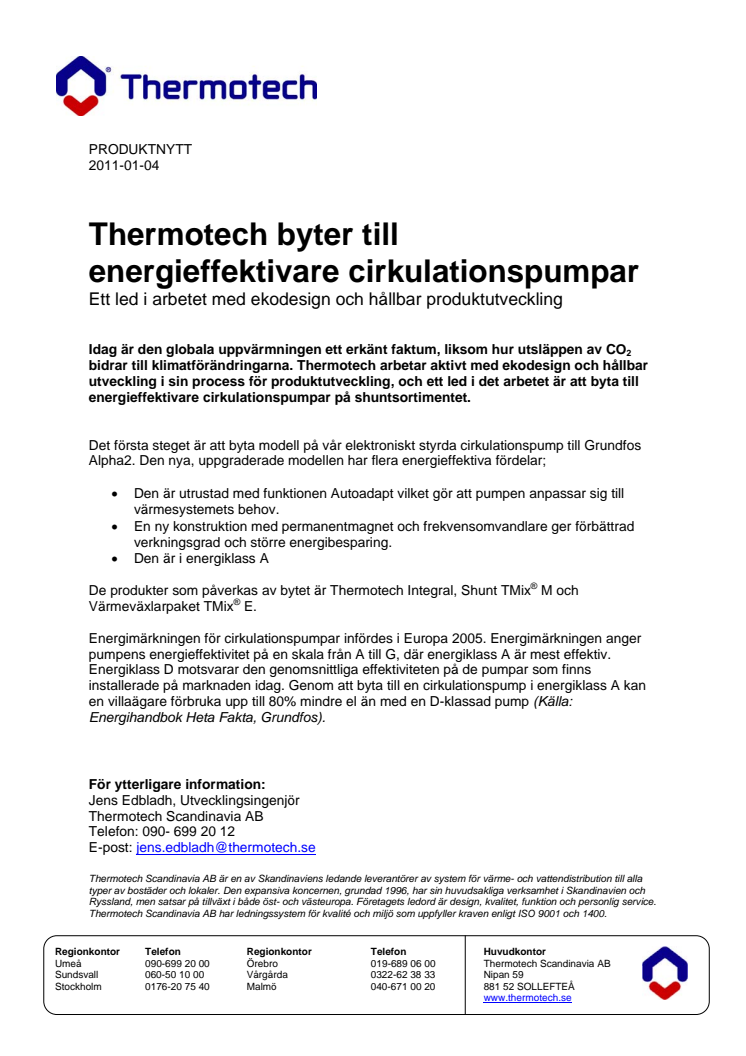 Thermotech byter till energieffektivare cirkulationspumpar 