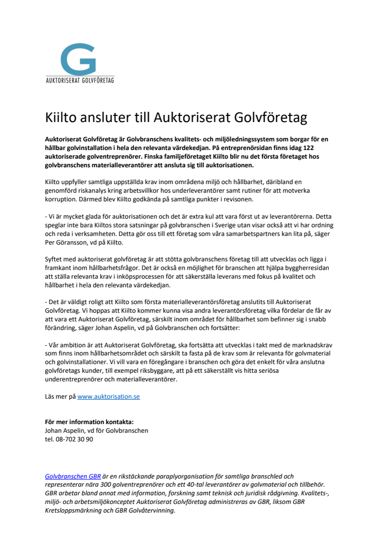 Kiilto ansluter till Auktoriserat Golvföretag 