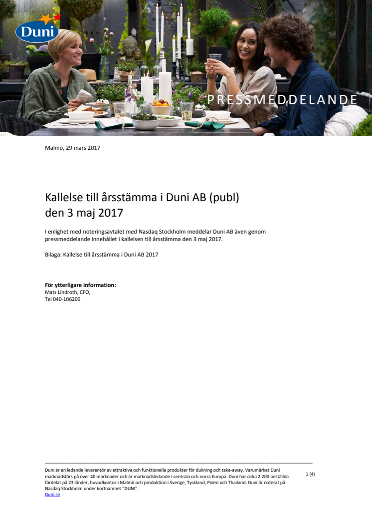 Kallelse till årsstämma i Duni AB (publ) den 3 maj 2017