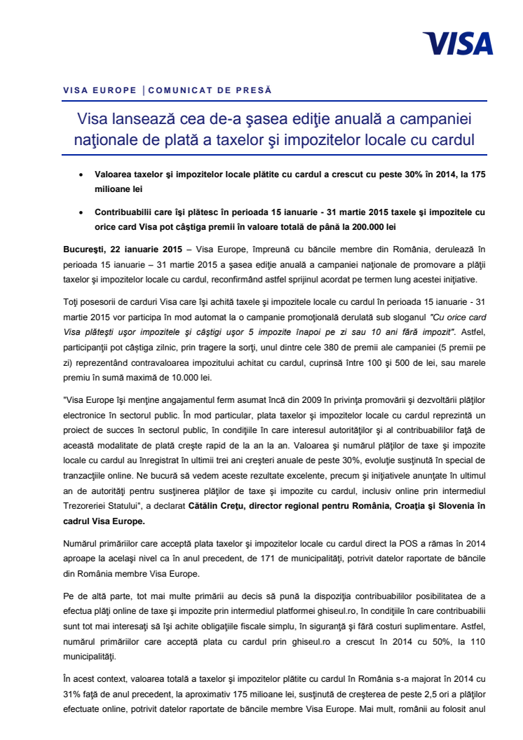 Visa lansează cea de-a şasea ediţie anuală a campaniei naţionale de plată a taxelor şi impozitelor locale cu cardul