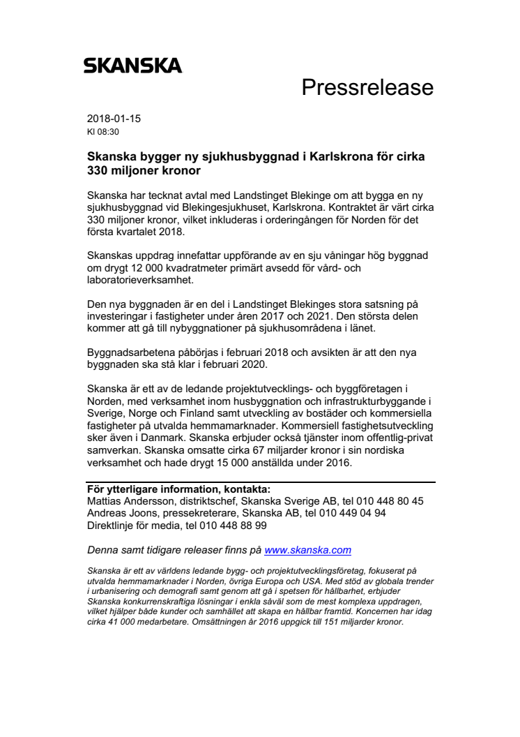 Skanska bygger ny sjukhusbyggnad i Karlskrona för cirka 330 miljoner kronor