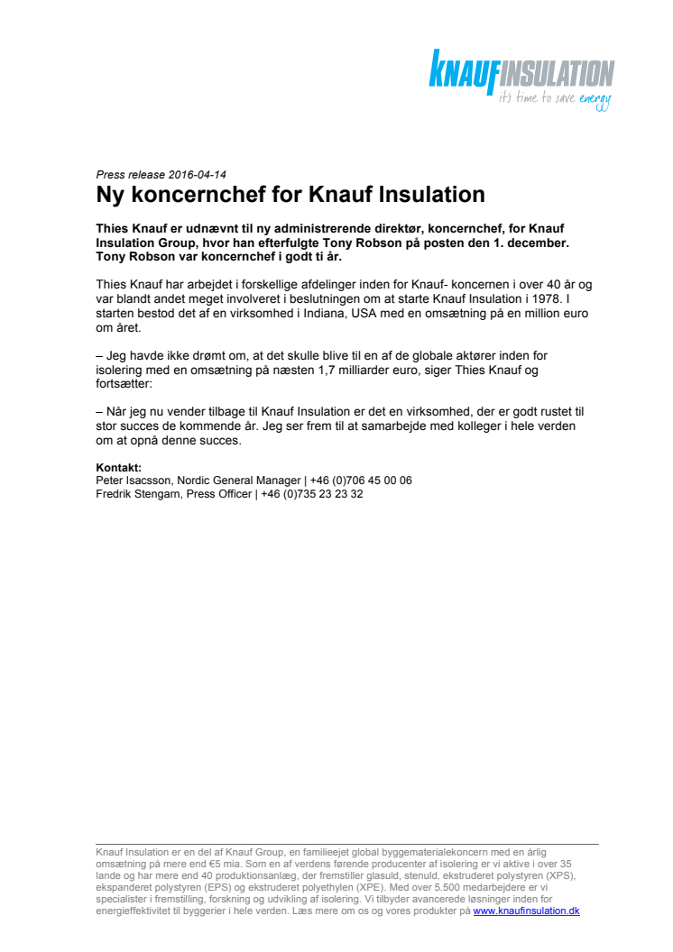 Ny koncernchef for Knauf Insulation 