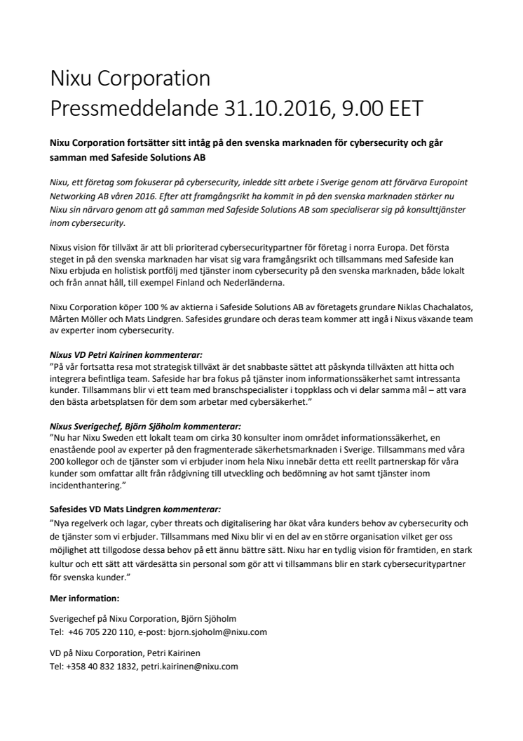 Nixu Corporation fortsätter sitt intåg på den svenska marknaden för cybersecurity och går samman med Safeside Solutions AB