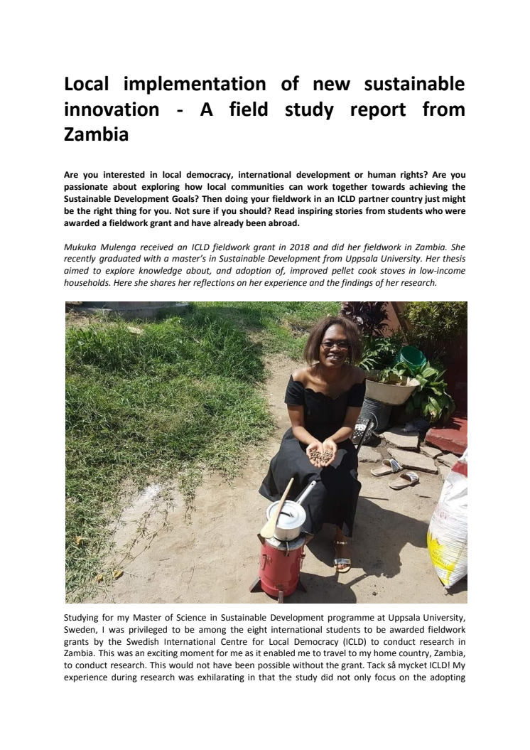 Local implementation of new sustainable innovations - A field study report from Zambia 