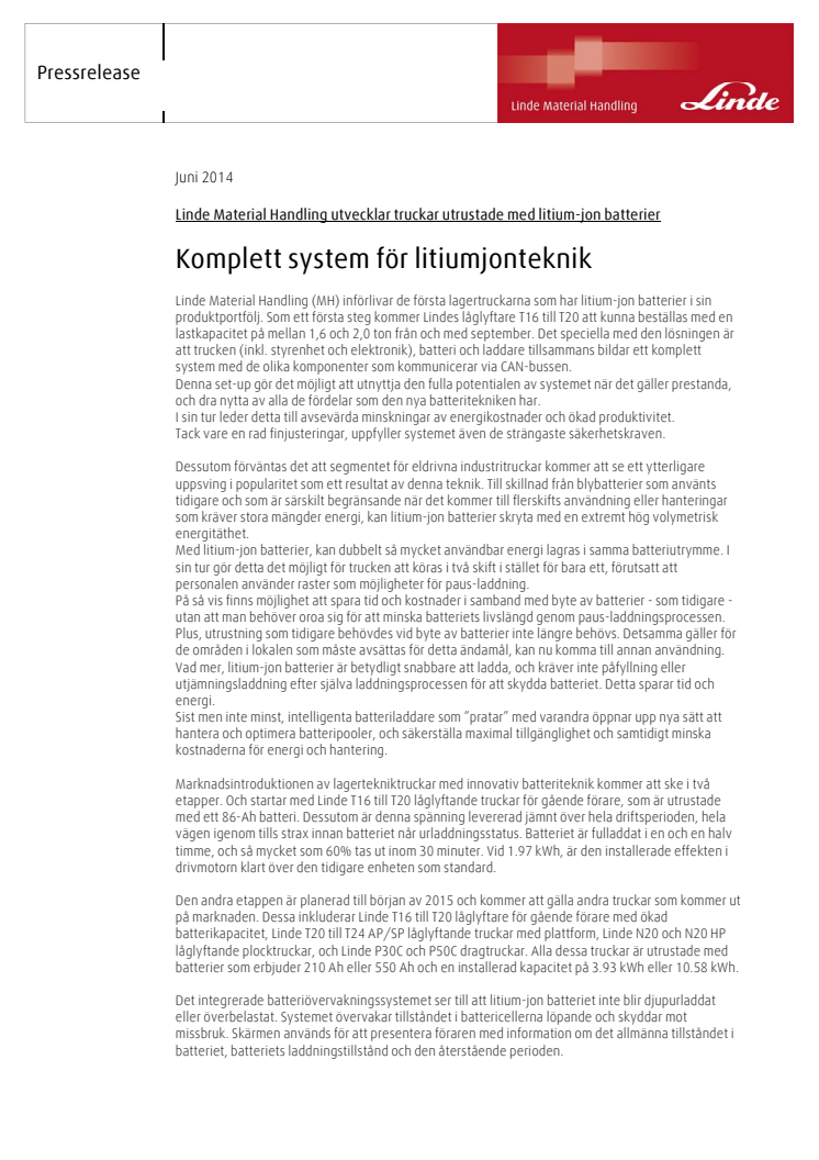 Linde Material Handling utvecklar truckar utrustade med litium-jon batterier