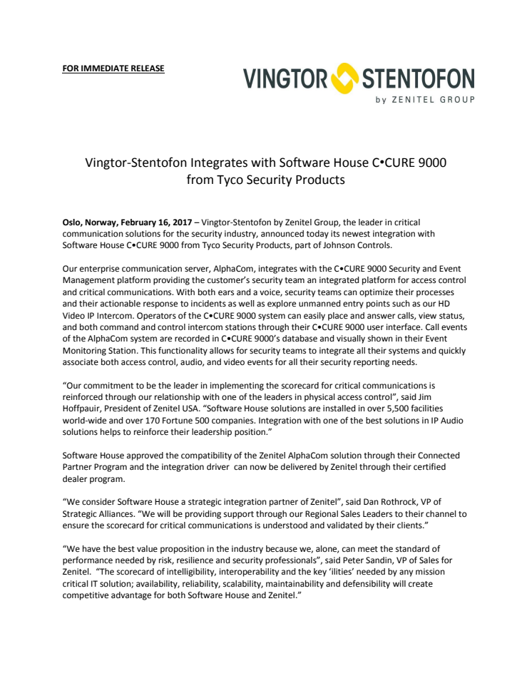 Vingtor-Stentofon Integrates with Software House C•CURE 9000  from Tyco Security Products
