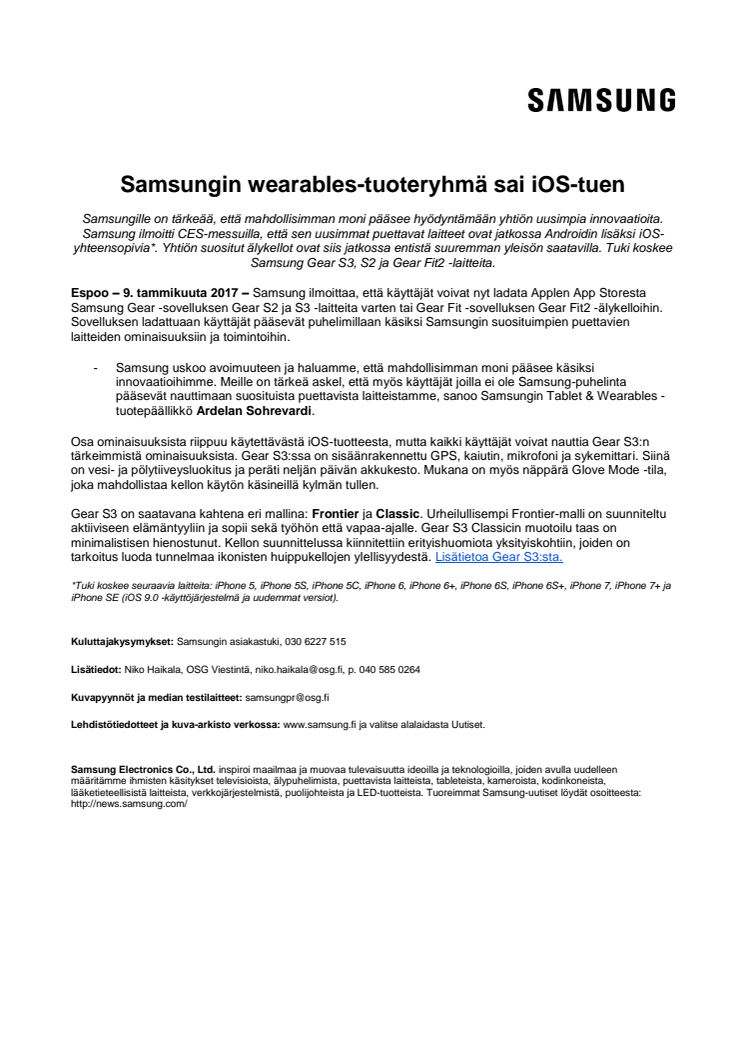 Samsungin wearables-tuoteryhmä sai iOS-tuen