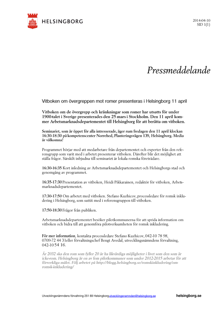 Vitboken om övergreppen mot romer presenteras i Helsingborg 11 april