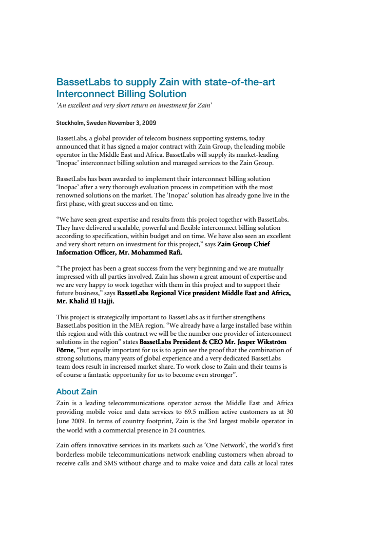 BassetLabs to supply Zain with Interconnect Billing Solution