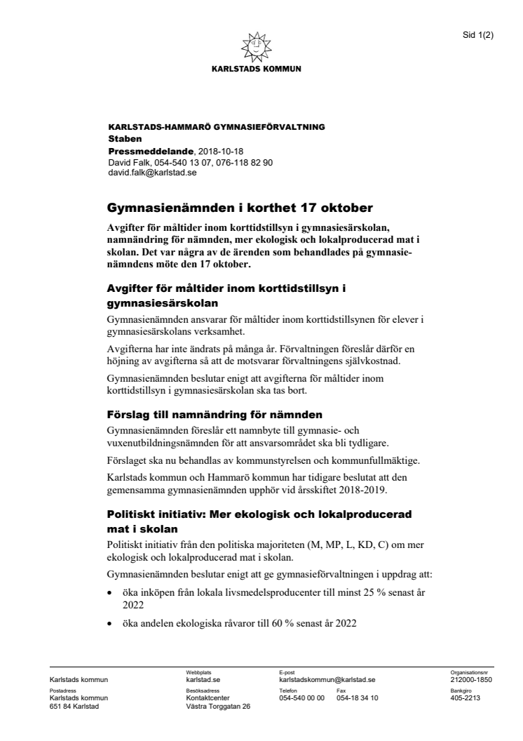 Gymnasienämnden i korthet 17 oktober