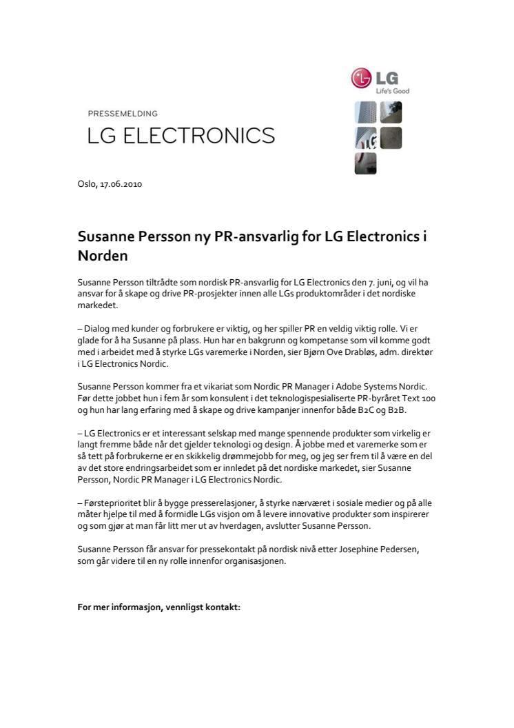 Susanne Persson ny PR-ansvarlig for LG Electronics i Norden