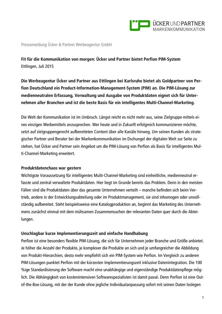 Fit für die Kommunikation von morgen: Ücker und Partner bietet Perfion PIM-System 