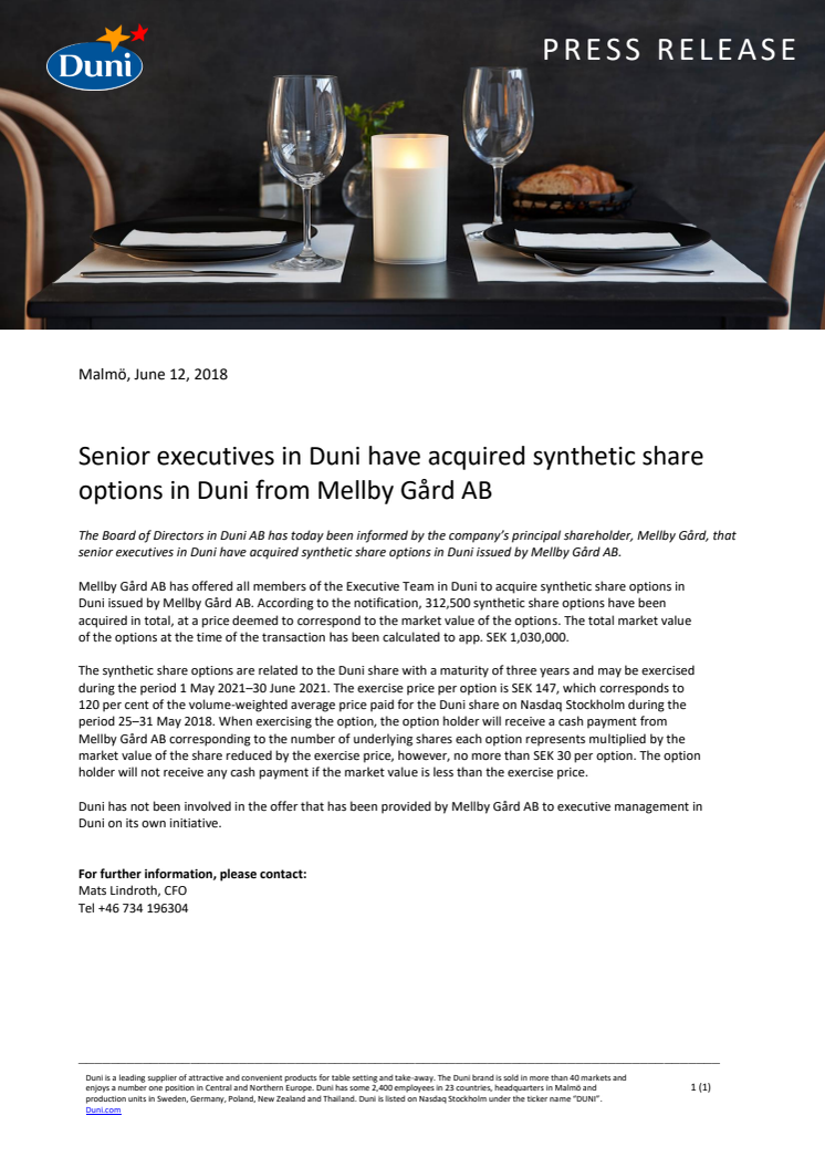 Senior executives in Duni have acquired synthetic share options in Duni from Mellby Gård AB