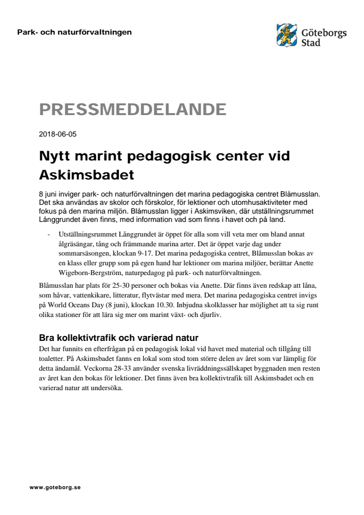 Nytt marint pedagogisk center vid Askimsbadet