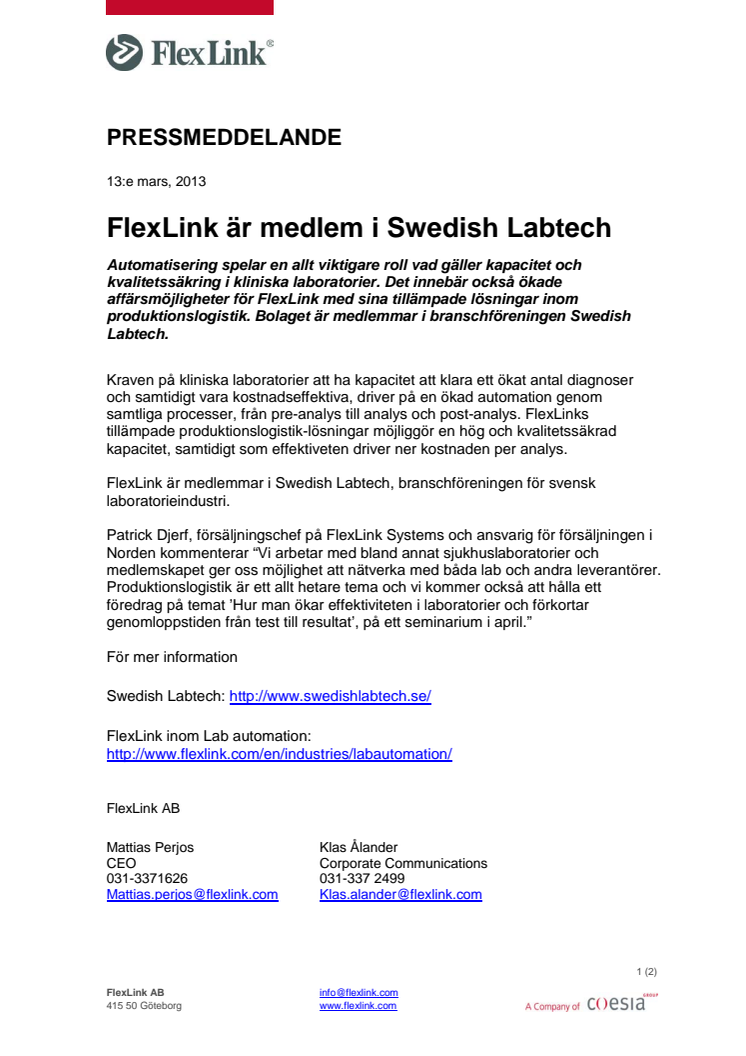 FlexLink är medlem i Swedish Labtech