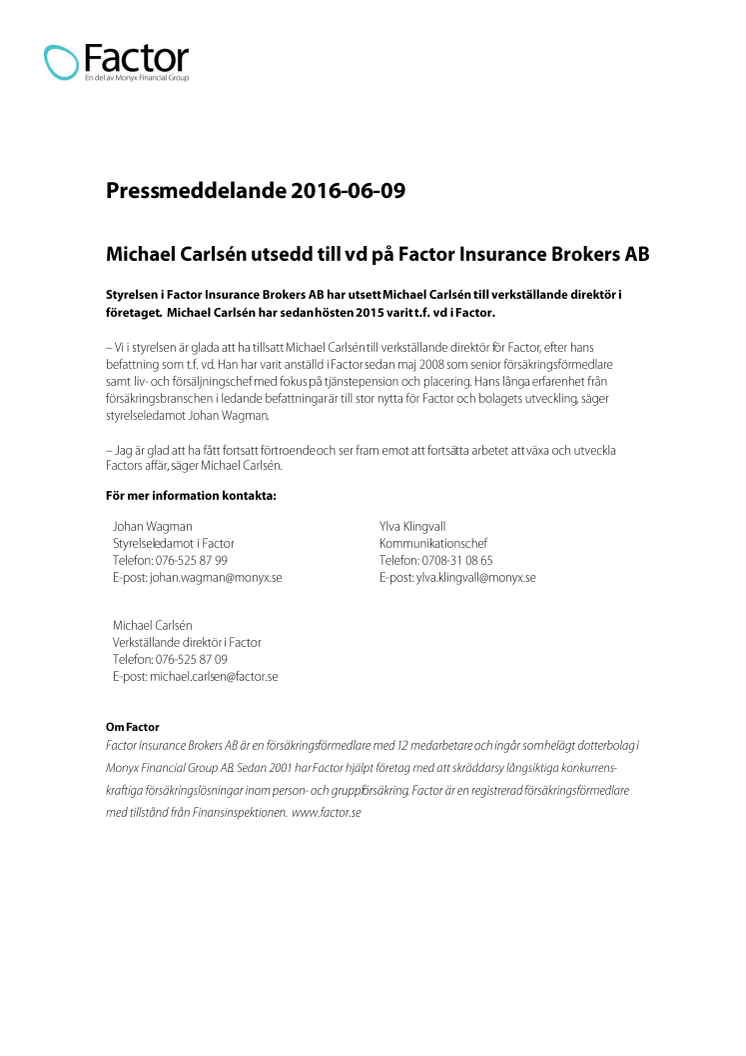 Michael Carlsén utsedd till vd på Factor Insurance Brokers AB 