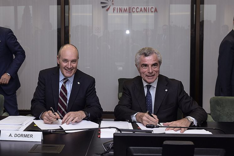 Alistair Dormer, Global CEO Hitachi Rail Group and Finmeccanica’s CEO and General Manager Mauro Moretti in Rome on November 2, 2015. 