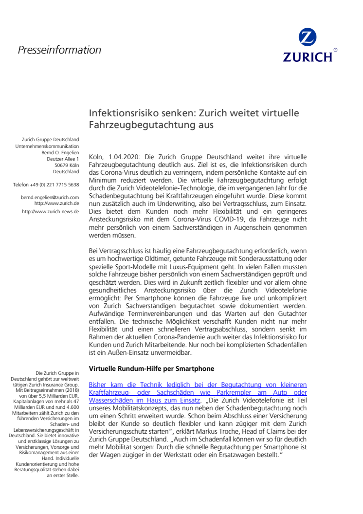 Infektionsrisiko senken: Zurich weitet virtuelle Fahrzeugbegutachtung aus