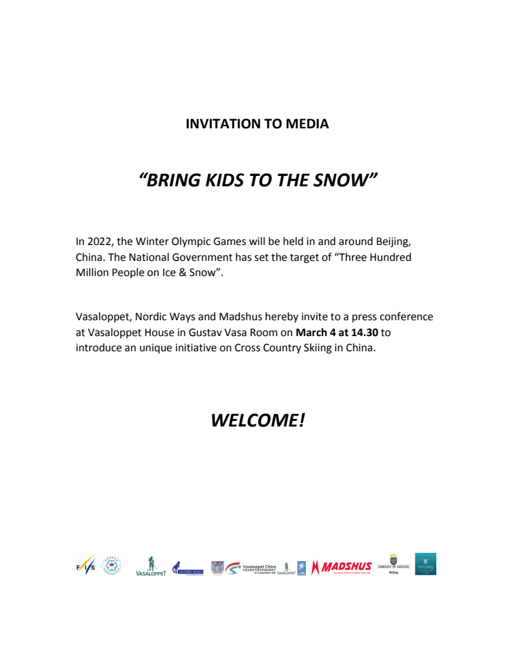 INVITATION TO MEDIA: “BRING KIDS TO THE SNOW”
