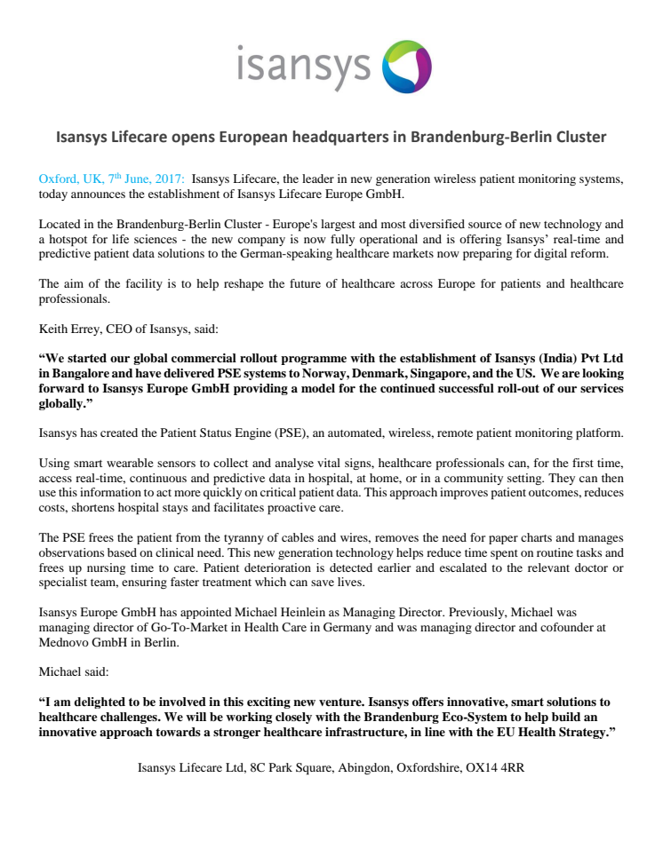 Isansys Lifecare opens European headquarters in Brandenburg-Berlin Cluster