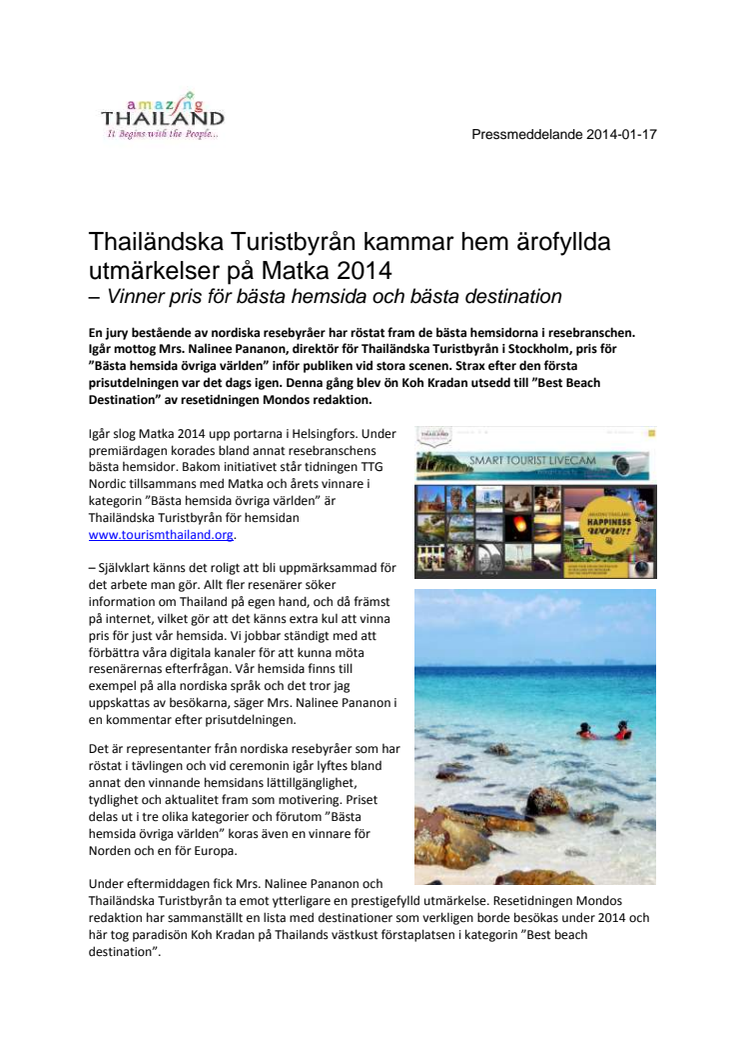 Thailändska Turistbyrån kammar hem ärofyllda utmärkelser på Matka 2014  – Vinner pris för bästa hemsida och bästa destination