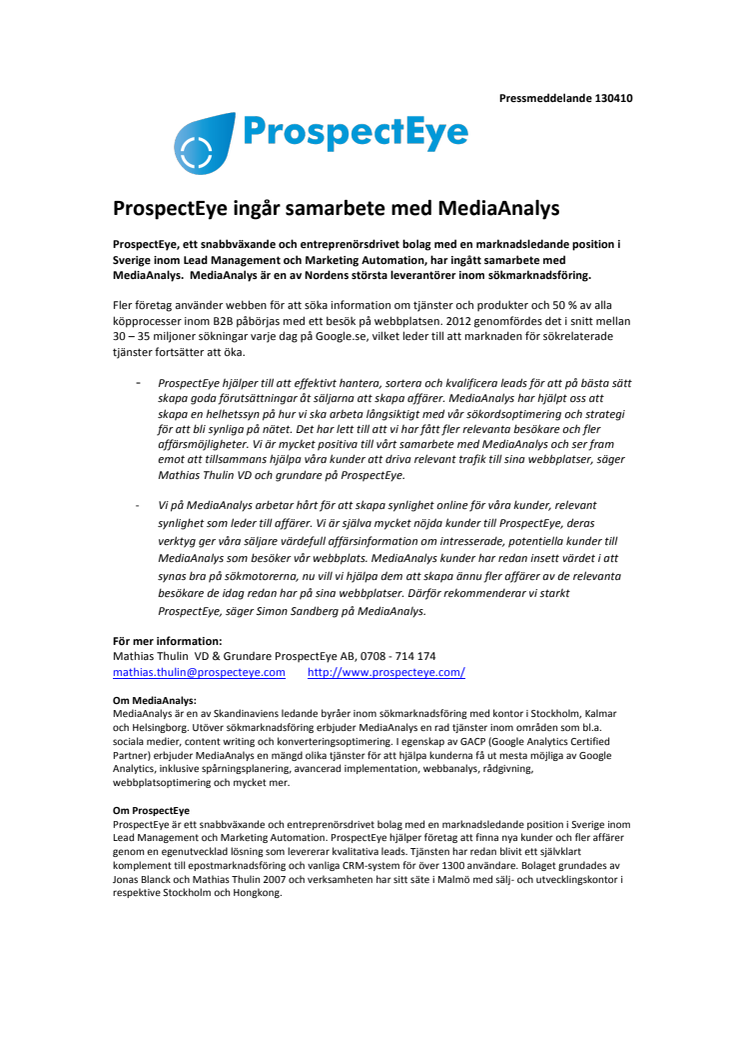 ProspectEye ingår samarbete med MediaAnalys