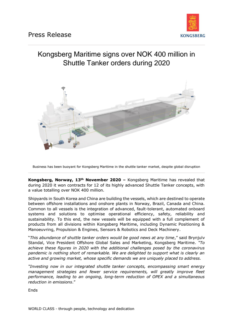 Kongsberg Maritime signs over NOK 400 million in Shuttle Tanker orders during 2020