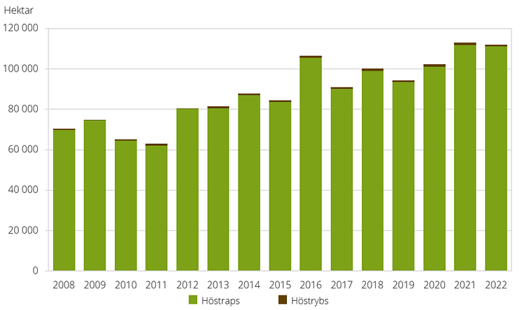 Höstsådda arealer av oljeväxter 2008-2022