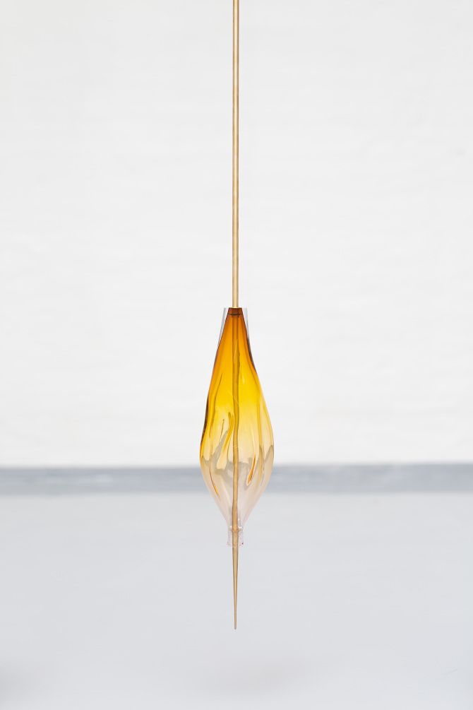 Glass spear by Kasper Friis Kjeldgaard, brass and glass, The animated object 2018