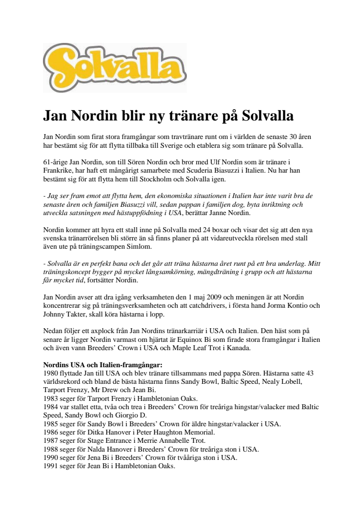 Jan Nordin blir ny tränare på Solvalla