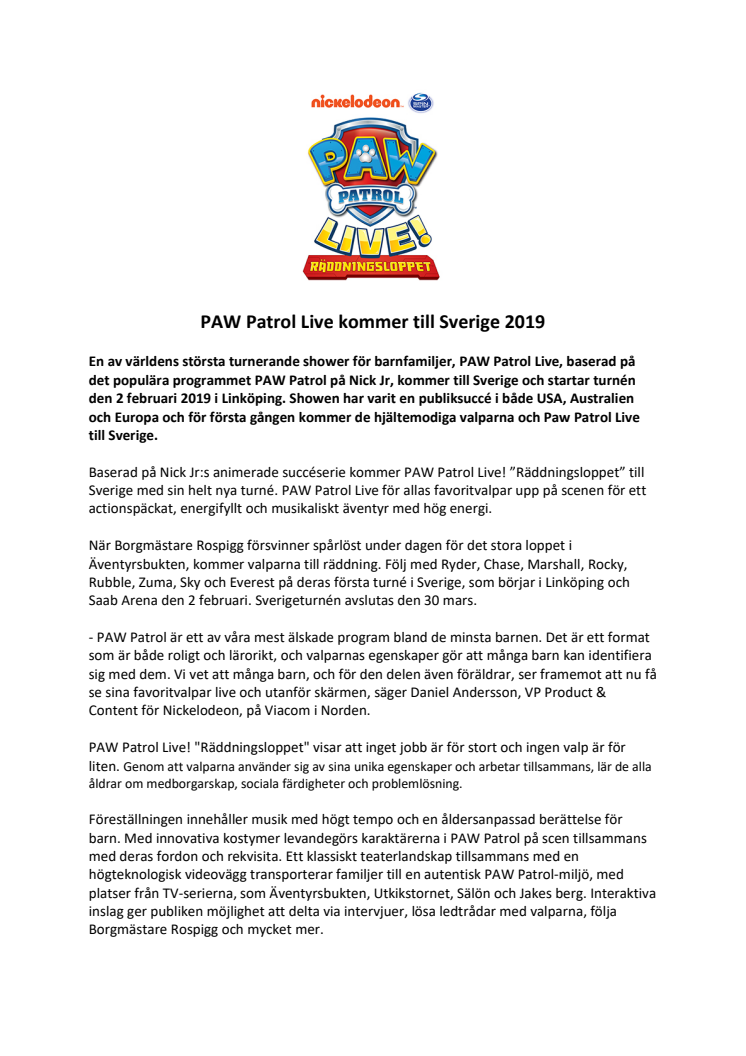 PAW Patrol Live kommer till Sverige 2019