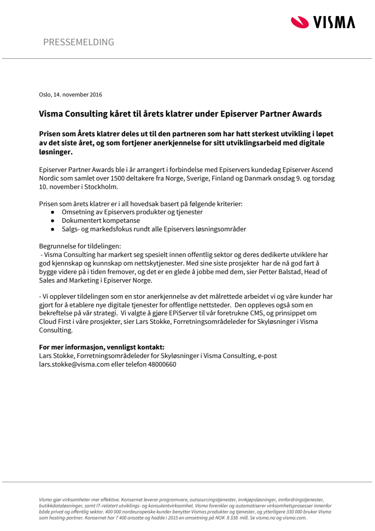 Visma Consulting kåret til årets klatrer under Episerver Partner Awards