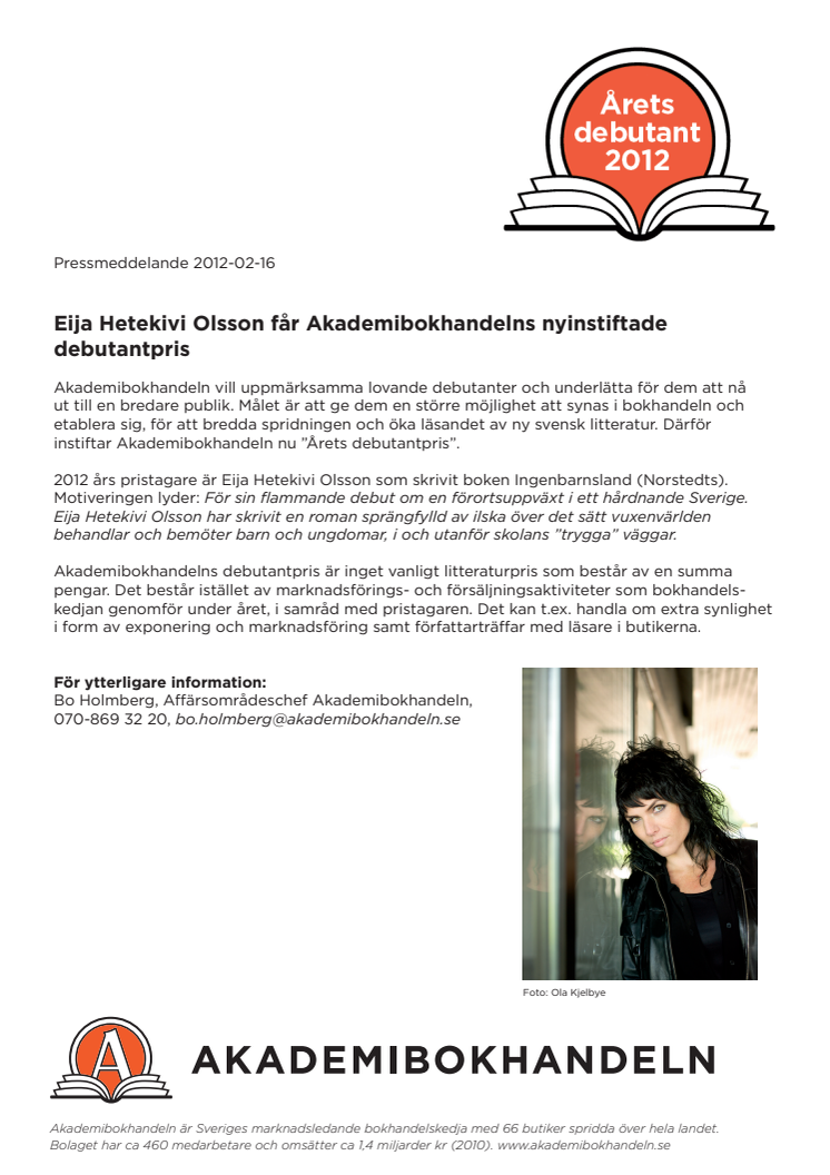 Eija Hetekivi Olsson får Akademibokhandelns nyinstiftade debutantpris