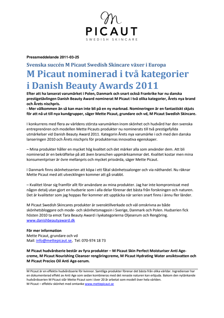 M Picaut nominerad i två kategorier i Danish Beauty Awards 2011