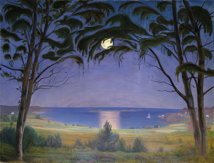 Måneskinn Nevlunghavn/ Moonlight at Nevlunghavn, olje på lerret, 1922, Harald Sohlberg. Privat eie, Courtesy of Galleri K