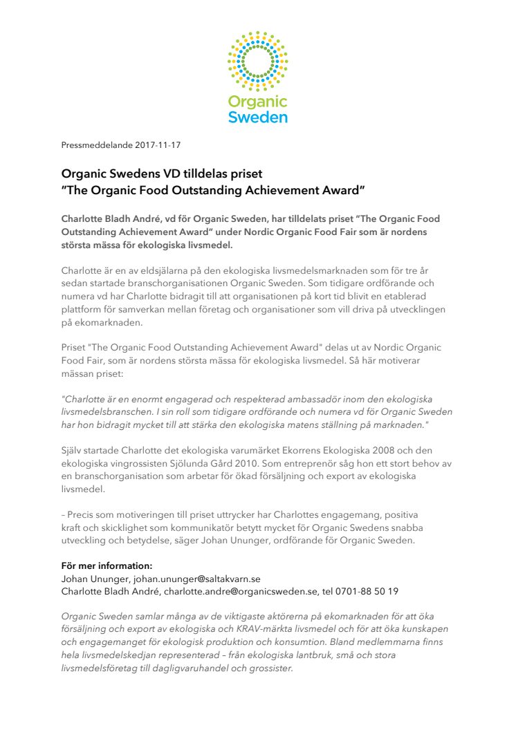 Organic Swedens VD får priset  ”The Organic Food Outstanding Achievement Award”