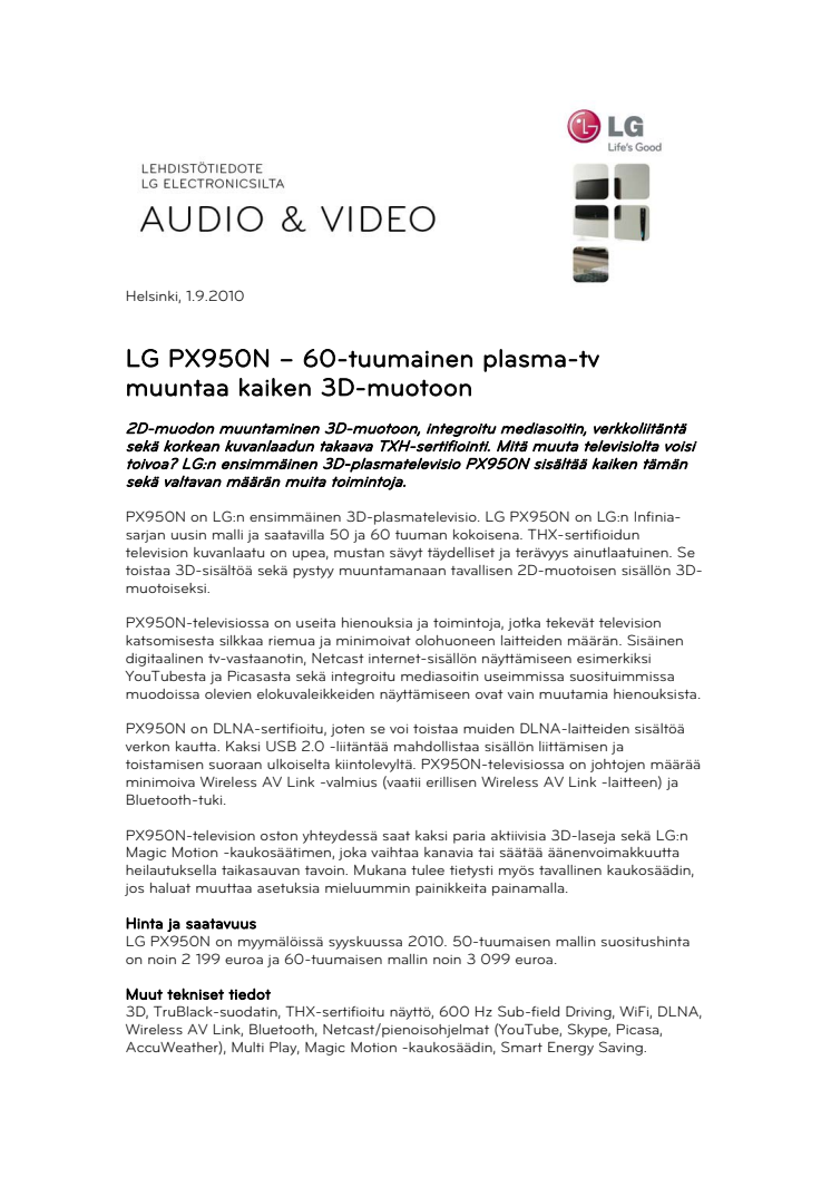 LG PX950N – 60-tuumainen plasma-tv muuntaa kaiken 3D-muotoon 