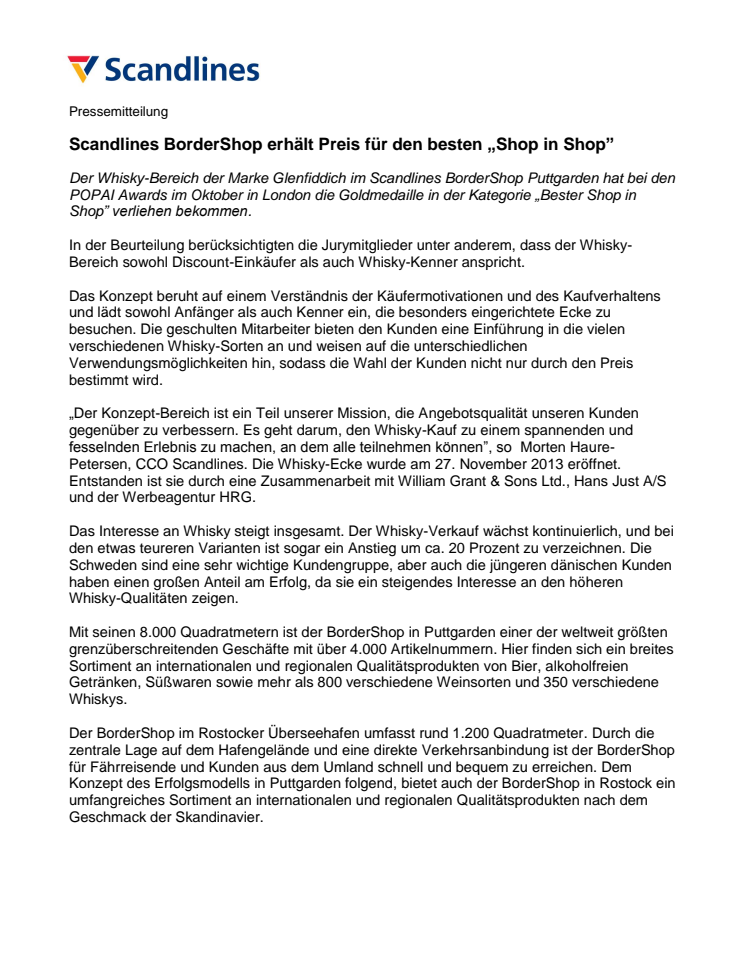 Scandlines BorderShop erhält Preis für den besten „Shop in Shop”