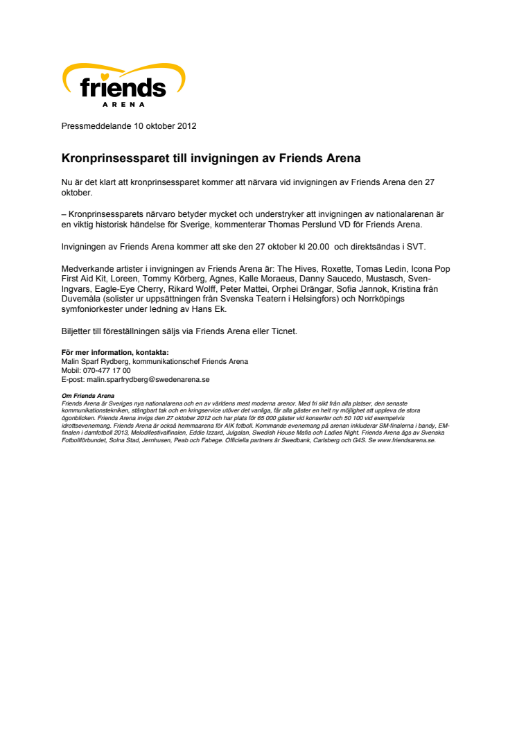 Kronprinsessparet till invigningen av Friends Arena