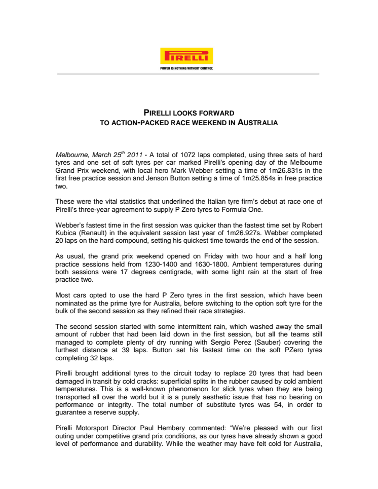 Pirelli i Formel 1, pressrelease efter friträning Australiens GP 2011