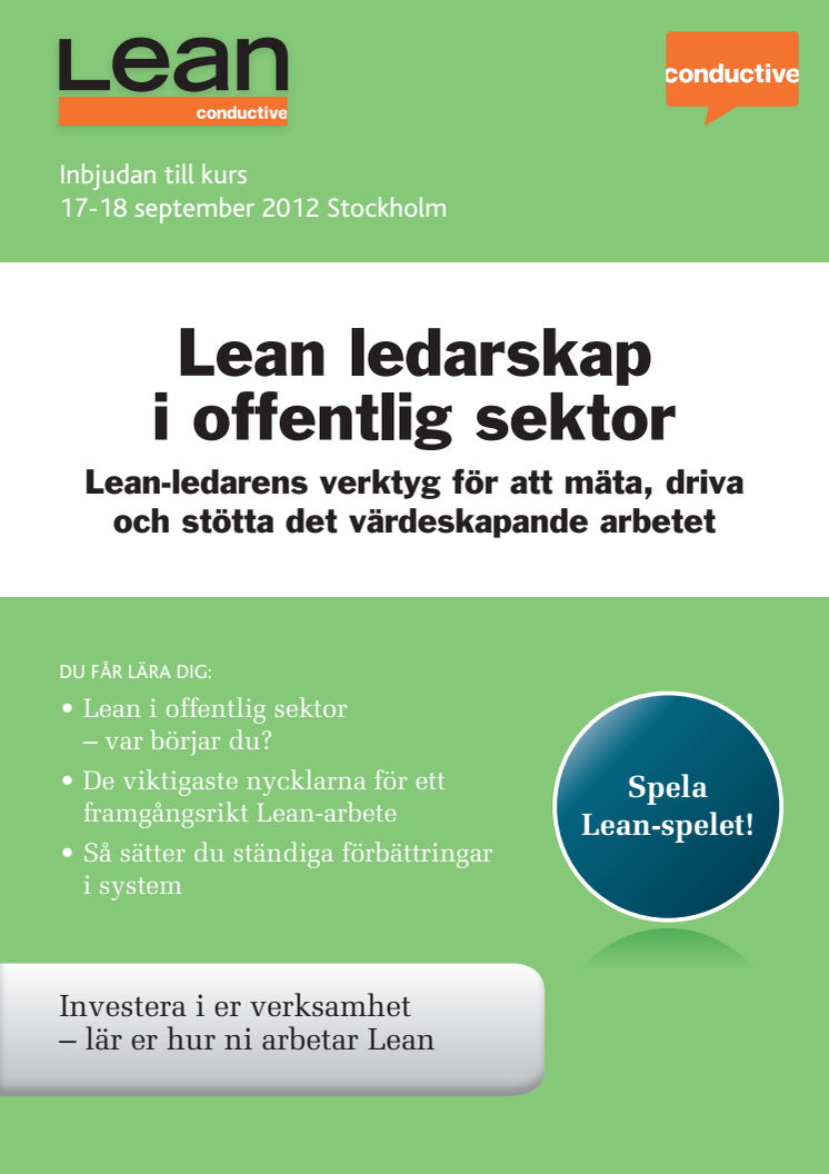Lean ledarskap i offentlig sektor, kurs i Stockholm 17-18 september 2012