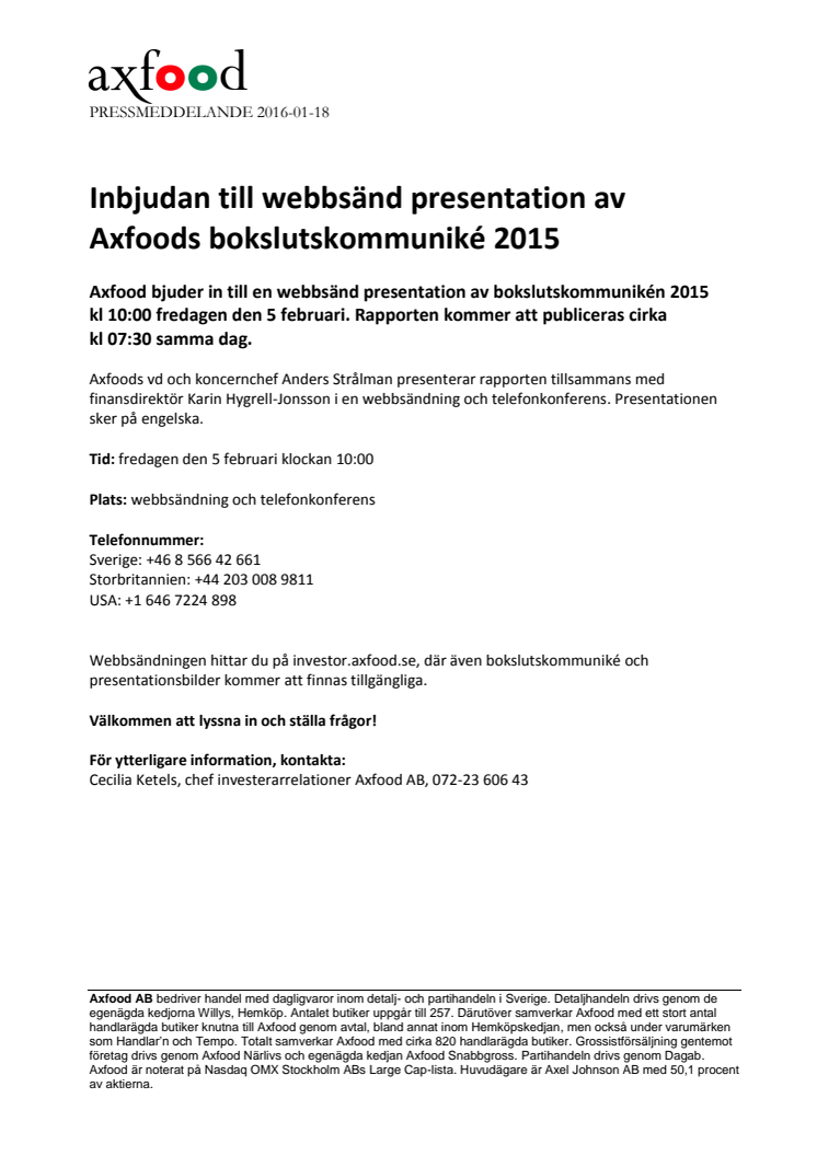 Inbjudan till webbsänd presentation av Axfoods bokslutskommuniké 2015