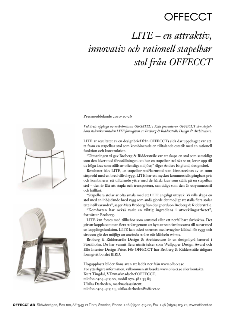 LITE – en attraktiv, innovativ och rationell stapelbar stol från OFFECCT