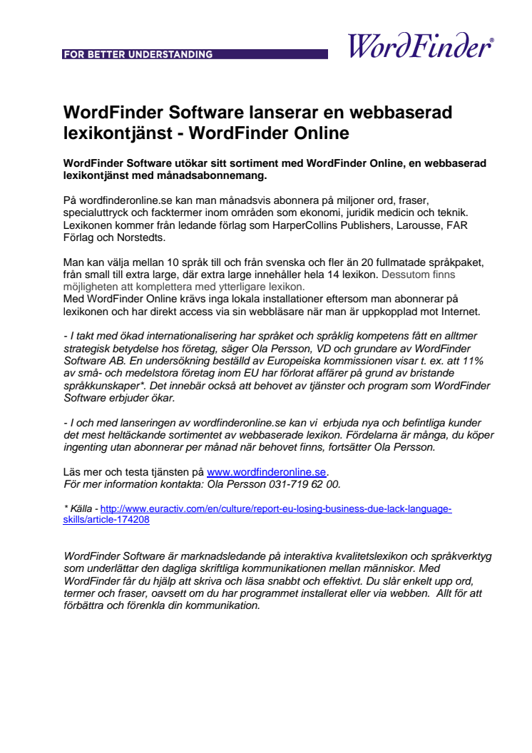 WordFinder Software lanserar en webbaserad lexikontjänst - WordFinder Online