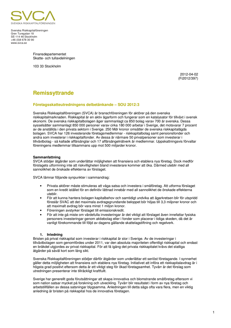 Remissyttrande Fi2012/397 Företagsskatteutredningens delbetänkande – SOU 2012:3