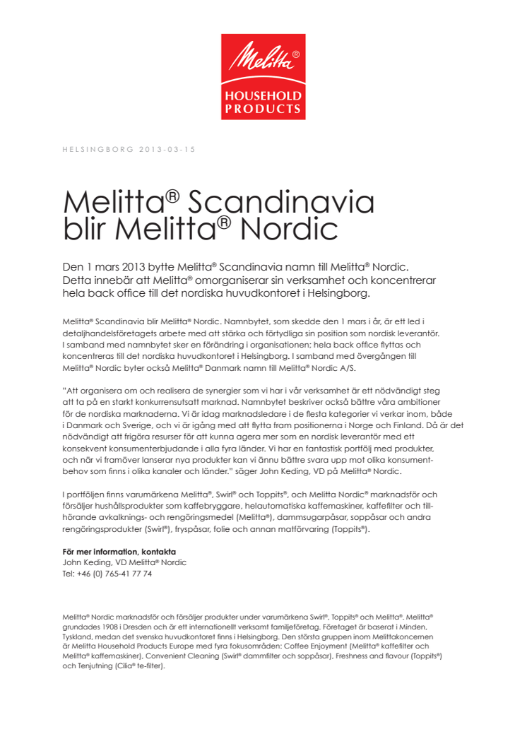 Melitta® Scandinavia blir Melitta® Nordic