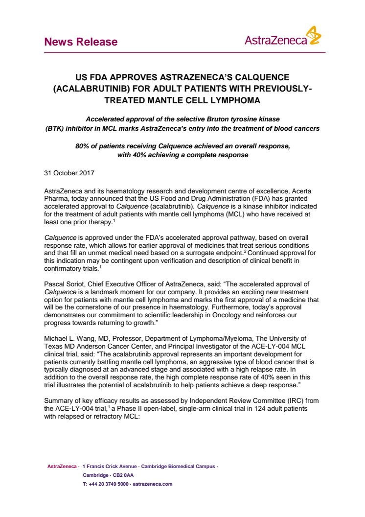 FDA godkänner AstraZenecas Calquence (acalabrutinib) för vuxna patienter med tidigare behandlad mantelcellslymfom 
